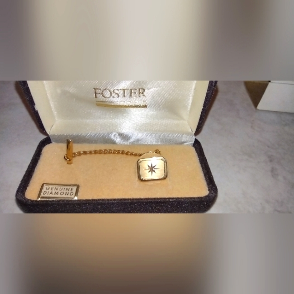 FOSTER GOLDTONE w/ Diamond, TIE TACK PIN in Box